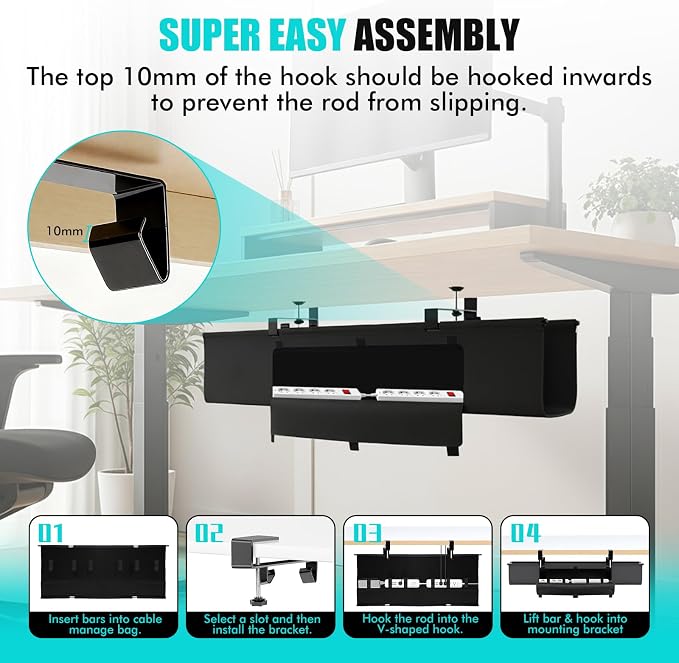 No Drill Under Desk Cable Management Tray - 36" Premium Fabric Cord Organizer for Table - with Silicone Pads & Cable Ties & Sticky Notes - Supports Up to 30lbs for Office & Home