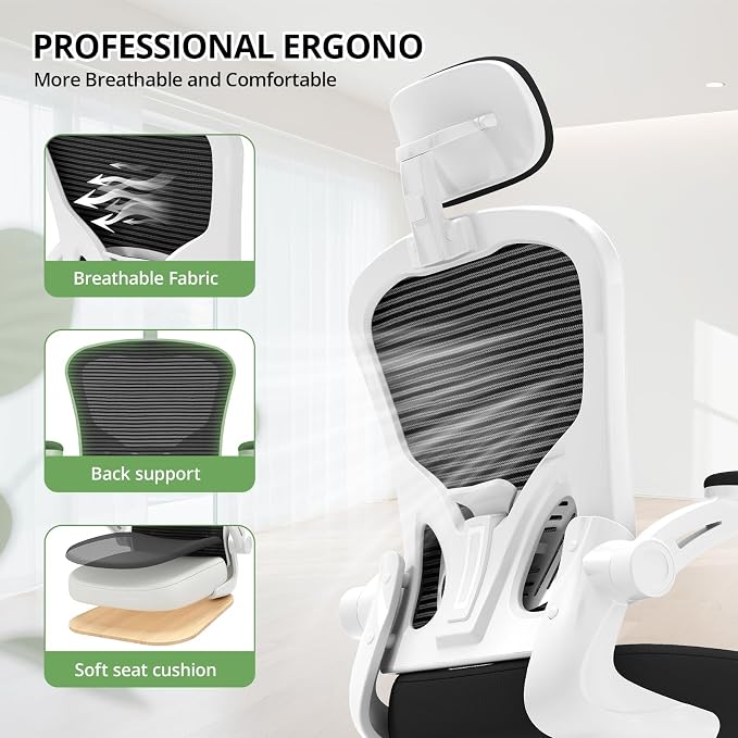 Office Chair Ergonomic Desk Chair, 330LBS Capacity, High Back Computer Design for Long Hours Comfort, Rolling Swivel Executive Task for Home Office with Flip-up Armrests(White Black)
