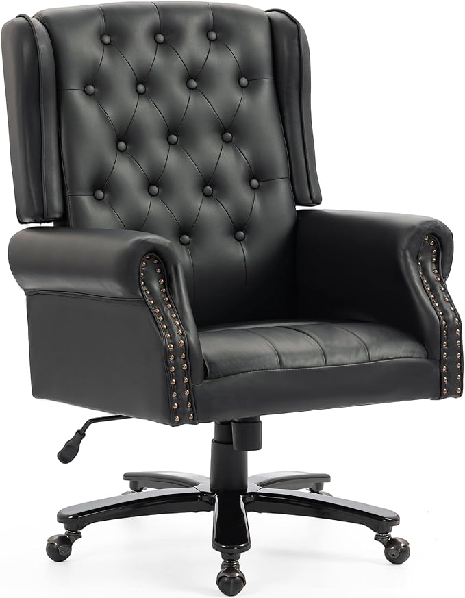 Vintage High Back Wingback Executive Office Chair, Black | Home Desk Chairs with Tufted Nailhead Trim & PU Faux Leather, Heavy Duty Adjustable Rocking Computer Chair for Gaming