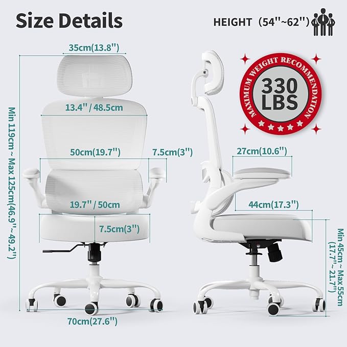 TRALT Office Chair Ergonomic Desk Chair, 330 LBS Home Mesh Office Desk Chairs with Wheels, Comfortable Gaming Chairs (White White)