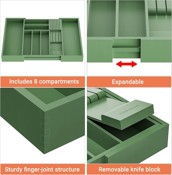 Expandable Bamboo Silverware Drawer Organizer Tray, Grayish Green | Removable Knife Block, Holds 7 Knives, Adjustable Dividers, 12.6-21.45 x 16.3 x 2.13 in, Drawer Insert for Utensils, Forks