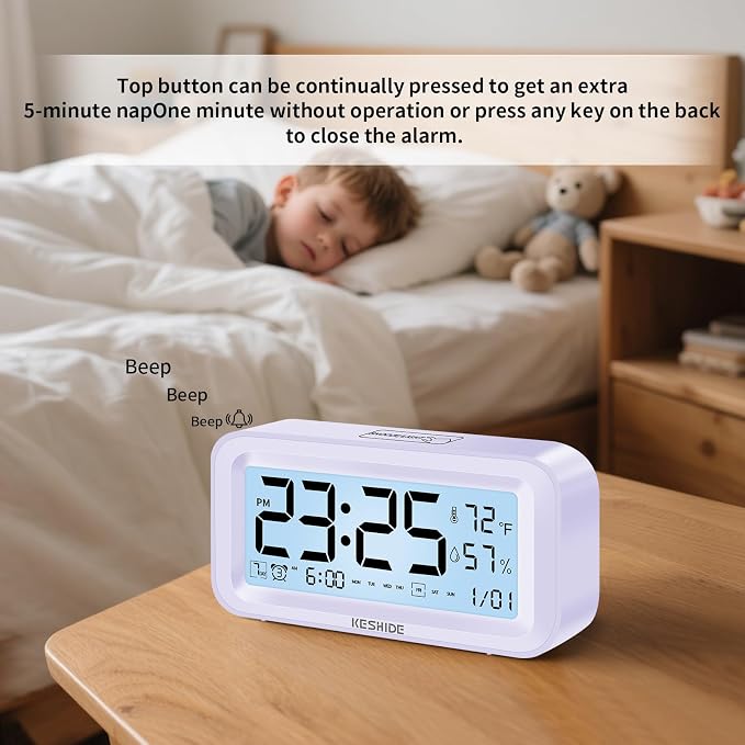 Night Light Digital Alarm Clock Battery Operated with Indoor Temperature Humidity, Desk Small Clock,Snooze Model,12/24H Display for Bedrooms Heavy Sleepers Kids Travel Bathroom (Purple)