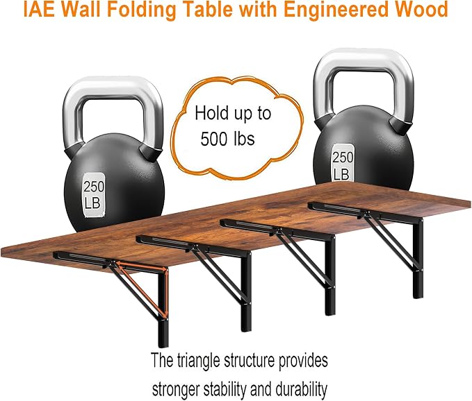 IAE 72" x 22" Floating Foldable Desk,Wall-Mounted Folding Computer Table with Engineered Wood,Study Table with Shelf Brackets,Fold Down Shelf,Fold Computer Desk for Small Apartment,Holds 500 lb,Rustic