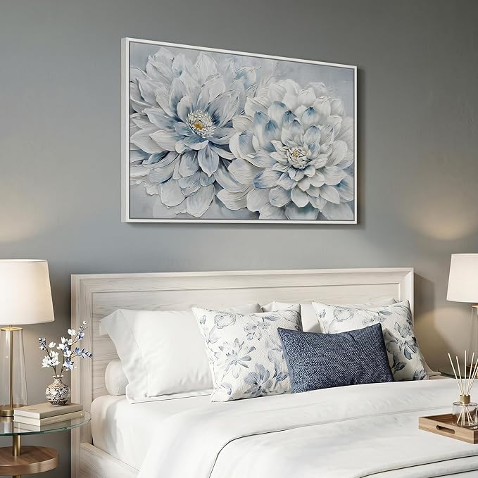 Framed Floral Wall Art, Modern Botanical Canvas Prints Artwork for Walls, Natural Pastel Watercolor Blue and White Elegant Flower Pictures for Living Room Bedroom Dining Room Wall Decor, 24x36 Inch