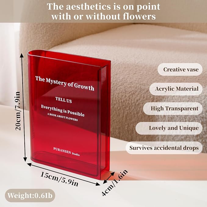 Puransen Red Book-Shaped Vase for Flowers - Aesthetic Room Decor for Modern Home/Office, Minimalist Shelf Organizer with Floral Display, for Book Lovers & Interior Design Enthusiasts