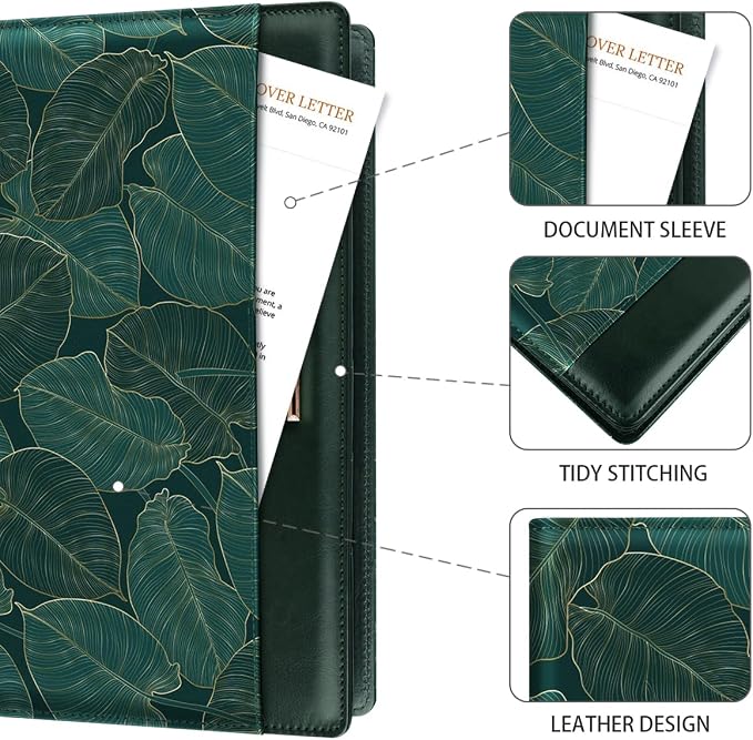 Padfolio/Resume Portfolio Folder for Women Men, WAVEYU Cute Chic Padfolio Cover Folder, Conference/Legal Document Organizer with Letter/A4 Size Clipboard, Document Sleeve, Green Leaves
