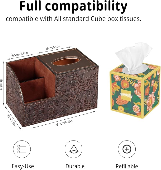 PU Leather Square Tissue Box Cover - Multi-Functional Tissue Box Holder | Tissue Box Cover with Storage ,Tissue and Remote Control Holder, Cube Tissue Box Organizer Bedroom Nightstand End Table