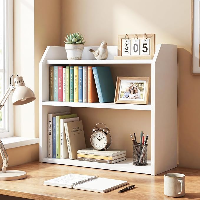 Tangkula 3-Tier Desktop Bookshelf, Wooden Countertop Bookcase with Guardrails, Space-Saving Desk Display Hutch Shelf, Modern Tabletop Storage Organizer for Study Room, Office and Dormitory (1,White)