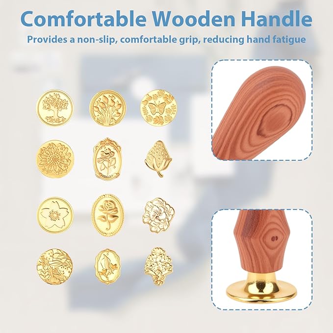 13 Pcs Wax Seal Stamp Kit 12 Pcs Sealing Wax Stamp Heads with Wooden Handle for Letter Wedding Party Invitations Gift Wrapping Encapsulation Greeting Cards Flower Floral