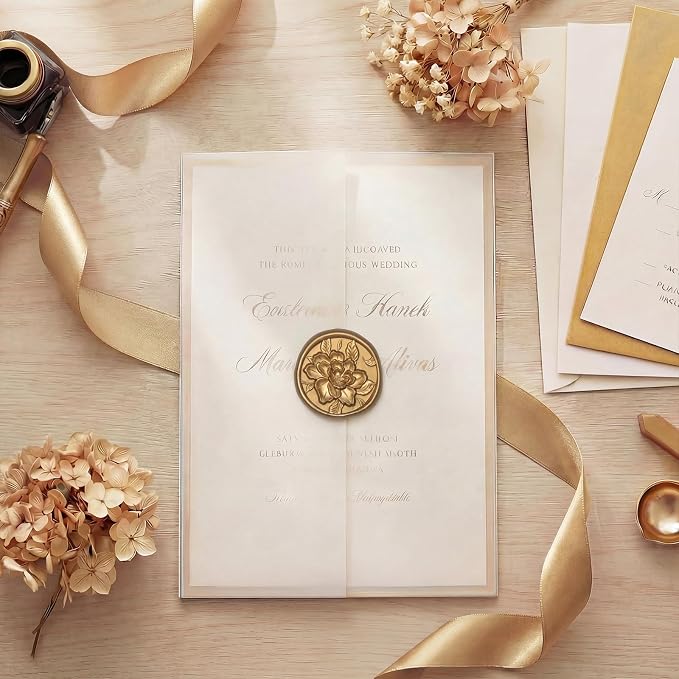 UNIQOOO Wax Seal Stickers - 3D Vintage Floral Wedding Invitation Envelope Botanical Seal Stickers, 50 Pcs Self- Adhesive Antique Gold Flower Stickers, Perfect for Invitation, Gift Wrapping, Party