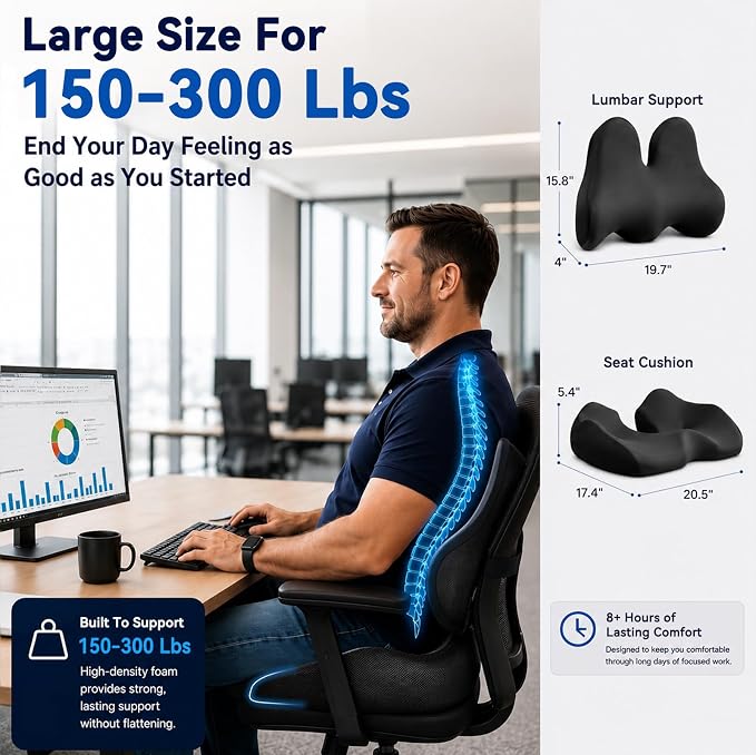Oversized Seat Cushion with Lumbar Support for Long Sitting & Office Chairs | Designed for 150–300 Lbs with Ergonomic Support for Tailbone & Sciatica Relief in Car, Office, Home & Wheelchair