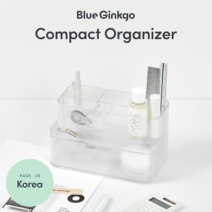 BLUE GINKGO Compact Desk Organizer, Transperent, Made in Korea | 5 Compartments. Half Drawer. Space-Saving.
