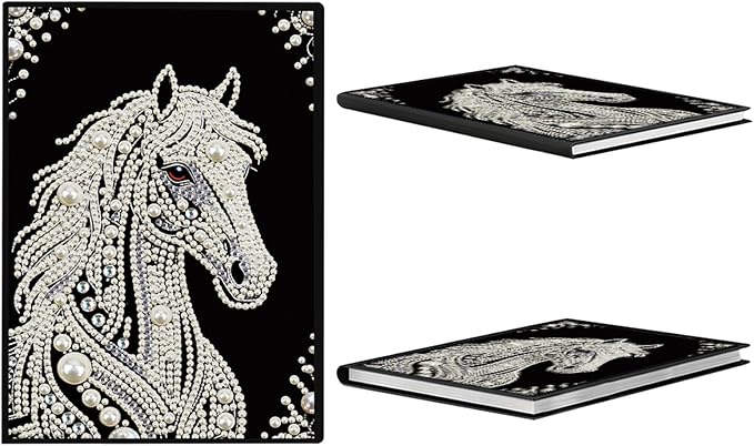 FRANDEK Pearl Painting Notebook Kit, Black and White Horse A5 DIY Journal with 50 Blank Pages, Diamond Gem Art Cover with Waterproof Canvas, Beginner Craft Set with Full Tools for Adults