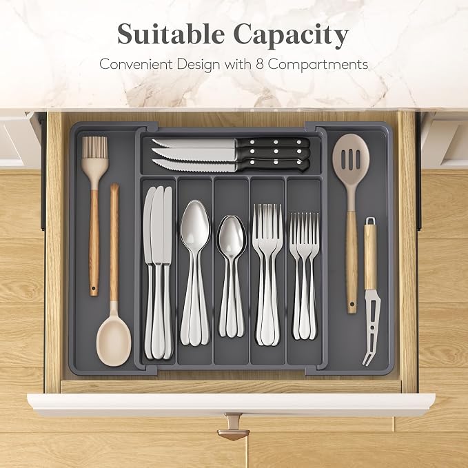 Lifewit Silverware Drawer Organizer, Expandable Utensil Tray for Kitchen, BPA Free Flatware and Cutlery Holder, Adjustable Plastic Storage for Spoons Forks Knives, 10.9"-17.5" x 13.7", Dark Grey