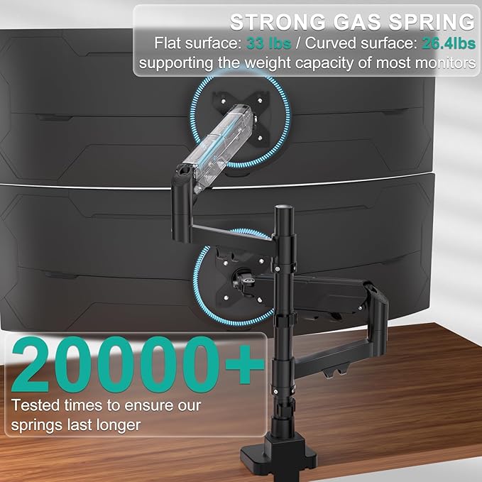 WALI Vertical Dual Monitor Stand for 17-49 inch Ultrawide Curved Screens, Heavy Duty Stacked Dual Monitor Mount with Tall Pole, Adjustable Gas Spring Monitor Arm up to 33lbs, 75/100mm VESA, Black