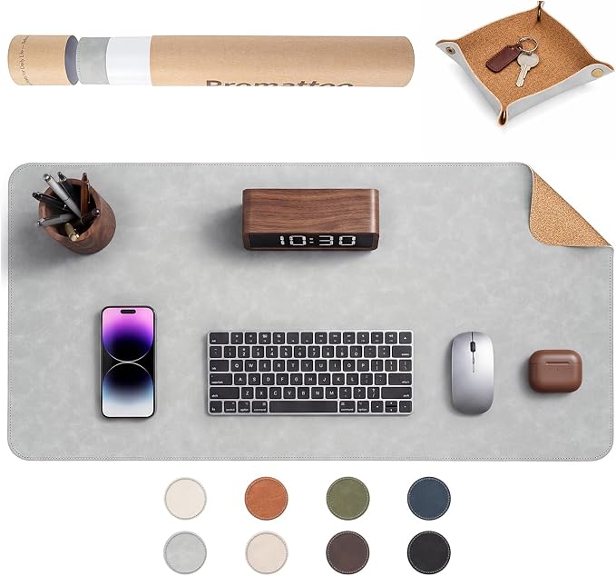 Premium Faux Leather Desk Mat & Tray Set，Innovative Cork-Look Printed Base，Gift Tube Packaging，Full-Desk Coverage，Non-Slip Desk Pad for Office Home（Mist Gray）