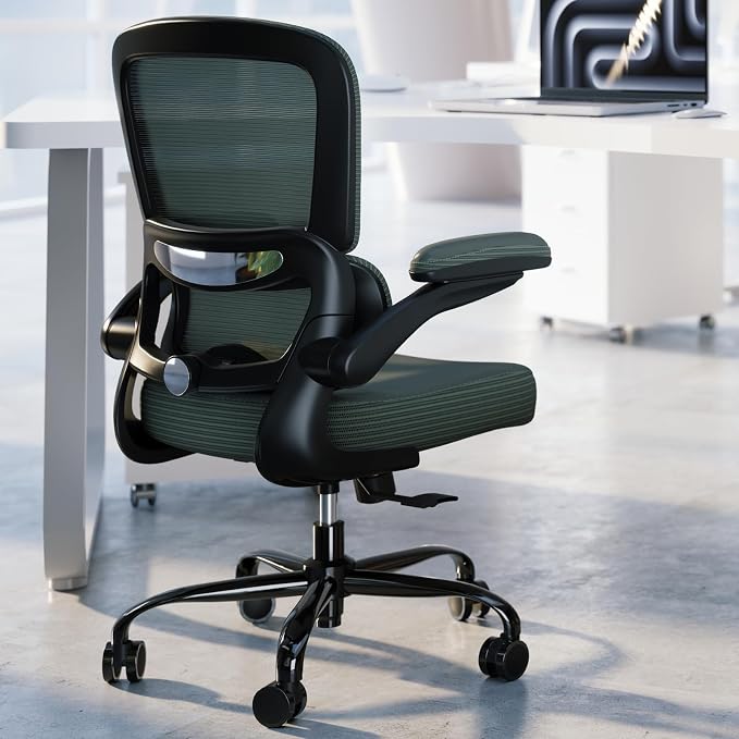 TRALT Ergonomic Office Chair - Desk Chair with Adjustable Lumbar Support Computer Chair - Mesh Comfy Chair with Flip-up Armrests - Gaming Chairs for Adults Home Office (PU Leather, Dark Green)