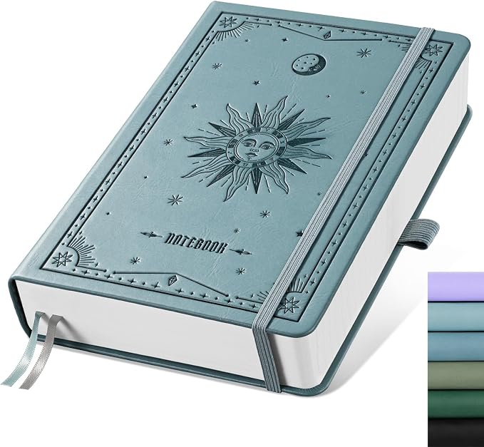 EMSHOI Dotted Journal Notebook, 320 Pages, A5 Small 5.75"x8.38", PU Leather Hardcover, 100 GSM Thick Paper, 5mm Dot Grid Notebook for Journaling, Planning, Drawing, Writing, Gray Blue