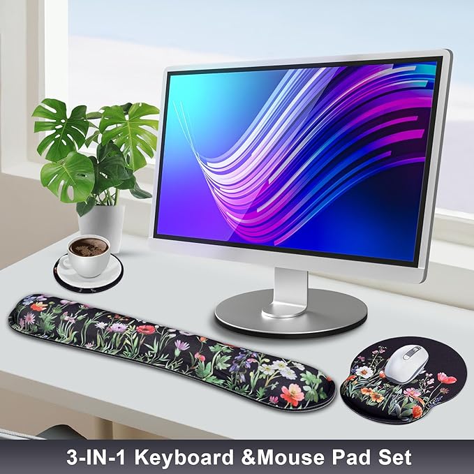 Wildflower Mouse Pad with Wrist Rest and Keyboard Wrist Rest Set, Black Floral Ergonomic Memory Foam Mouse Pad Set for Women, Office Desk Accessories, Gaming Use