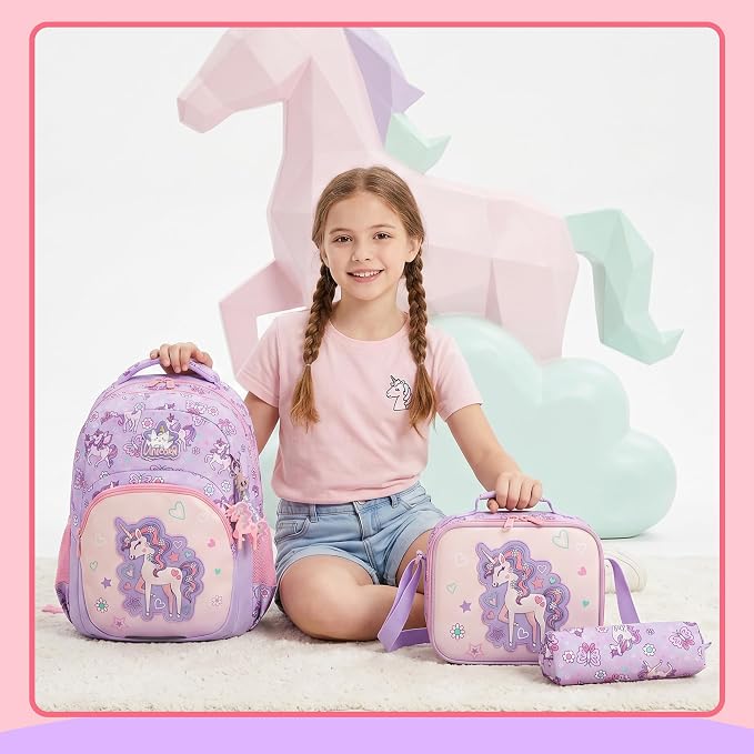 Kids Backpacks for Girls,School Backpack for Girls with Lunch Box Set Cute Unicorn Kids Bookbag for Girl Lightweight Travel Daypack Birthday Christmas for Girl