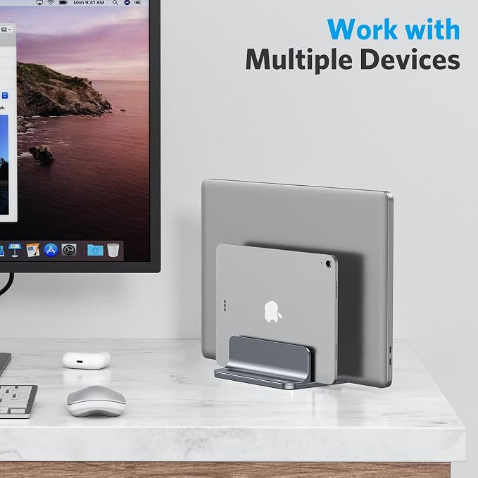 OMOTON Vertical Laptop Stand [Updated Double Version], Desktop Aluminum Mac Book Stand with Adjustable Dock Size, Fits All Mac Book, Surface, Chrome Book and Gaming Laptops (Up to 17.3 inch) (Grey)