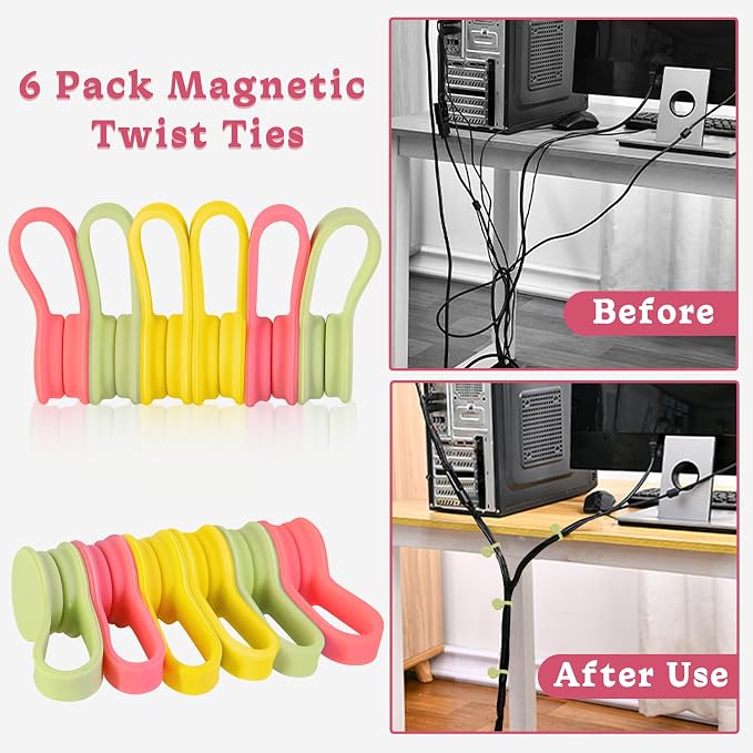 Viaky Magnetic Cable Ties 6-Pack,Silicone Twist Ties,3 Colors | Magnetic Cord Organizers for Wires, USB Cables, Earphones,Bookmark ,Reusable Cable Straps for Home,Office,Kitchen,School
