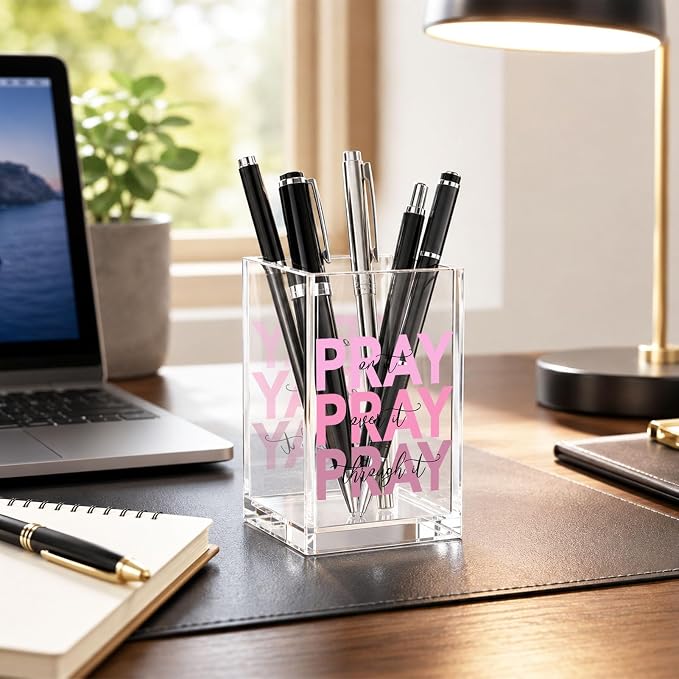 Christian Acrylic Pen Holder Cup, “Pray Over It Prays On It Pray Through It” Bible Verse Desk Decor, Pink Office Desk Organizer, Inspirational Gift for Women, Religious Desk Accessory