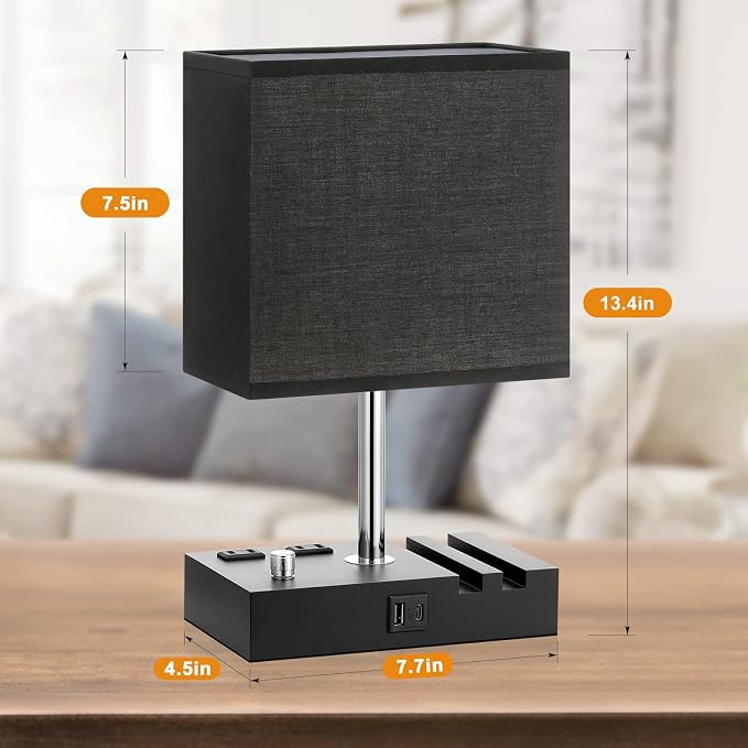 Fully Dimmable Bedside Lamps for Bedroom with USB C Ports, Kakanuo Black USB Table Lamp Set of 2, Wooden Desk Lamp with 2 Charging Outlets and Phone Stand for Nightstand and Living Room, Bulb Included