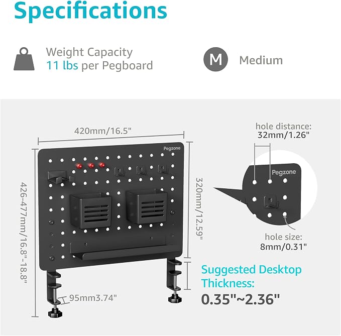 PEGZONE Clamp-on Desk Pegboard, Desk Organizer for Office Gaming Home, Magnetic Metal Peg Board with 10 Accessories, Privacy Panel, 16.5" x 12.6", Medium, Black