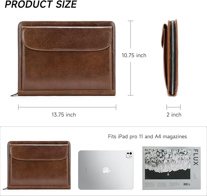 Genuine Leather Portfolio Men Women Zipper Business Resume Padfolio Binder A4 Meeting Folder Organizer 13 inch brown coffee