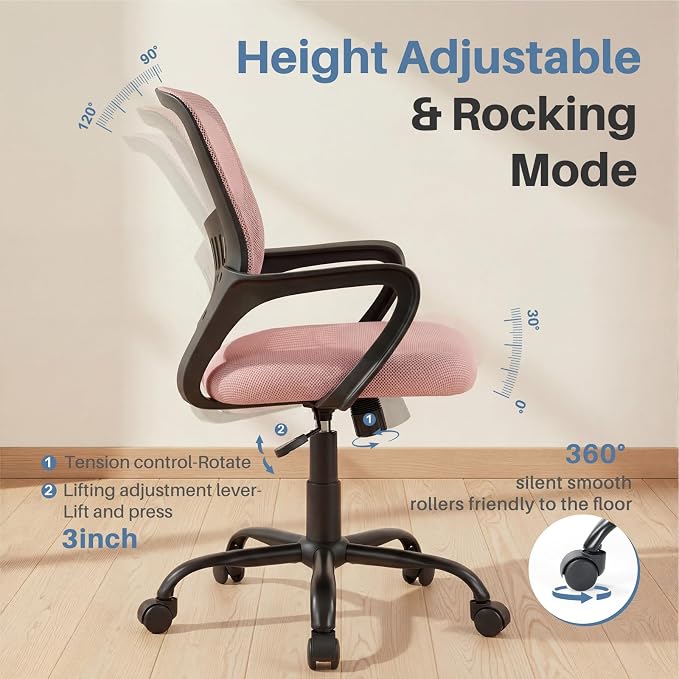 DUMOS Home Office Chair - Ergonomic Mid Back Mesh Desk Chair with Lumbar Support & Rocking Mode, Height Adjustable with Fixed Armrest, for Conference, Computer, 360° Swivel, Adults, Pink