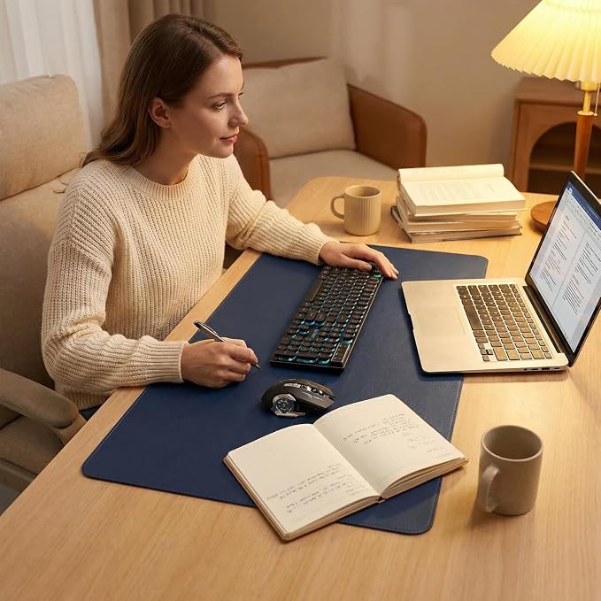 Desk Pad Blotter,PIPRE 11.03x23.64 in PU Leather Mouse Pad,Waterproof Non-Slip Writing Desktop Protector Mat,Office Desk Accessory,Dark Blue