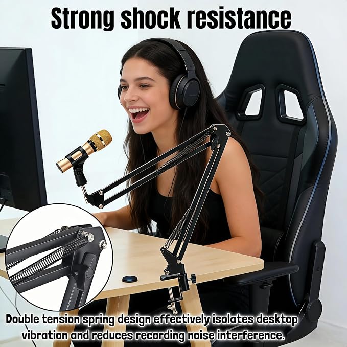 Microphone Boom Arm Stand, Adjustable Desk Mount Scissor Arm with 360° Rotation, Heavy Duty Metal, for Podcast, Recording, Streaming, Gaming, Voice-Over, Studio, Home Office – Black