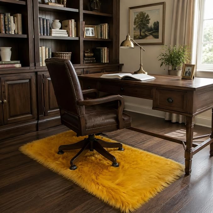 EasyJoy Faux Sheepskin Rug, Fluffy Faux Fur Rug, Ultra Soft Shag Area Rug with Non-Slip Backing for Bedroom, Living Room, Nursery, Kids Room(2 x 4 ft Rectangle, Golden Yellow)