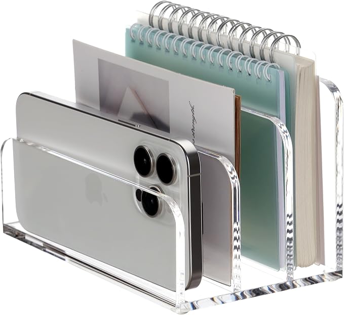 SANRUI Clear Acrylic Mail File Organizer Sorters for Desk, 3 slot Laddered | Desktop Vertical Letter Holder, Multifunction Envelope Folder Racks Holders for Office,Home, School