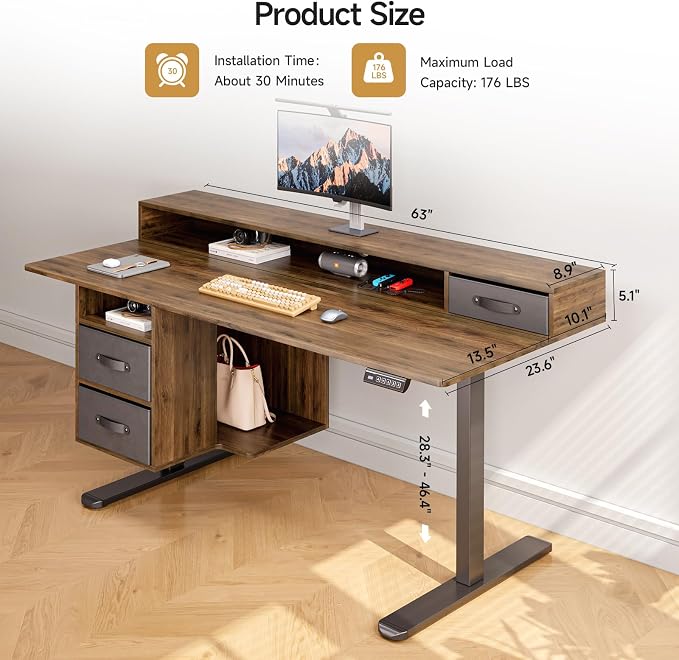 ONBRILL Standing Desk with Drawers, 63x24 Inch Electric Stand Up Desk with 3 Drawers and Open Storage Shelf, Adjustable Height 28-46 Inches for Home and Computer Workstation, Walnut