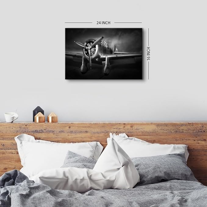 Vintage Airplane Wall Art for Living Room Black and White Propeller Aircraft Pictures Wall Decor Boys Room Decorations Plane Engine Canvas Prints Aviation Military Artwork Bedroom Home Office 16x24"