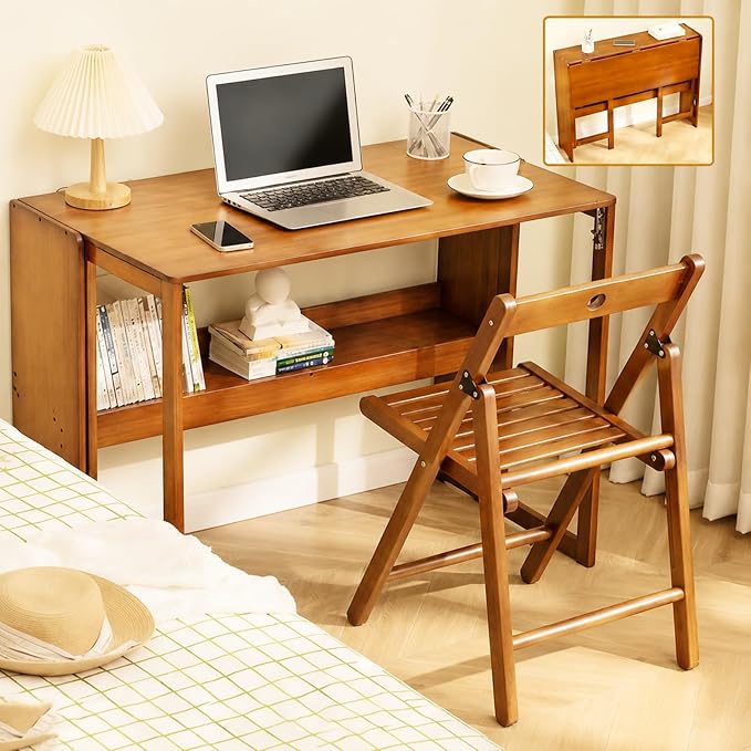 Bamboo Foldable Desk, 41" Folding Bamboo Desk for Small Spaces, Mid Century Small Computer Desks with Bookshelf, Wooden Desks for Home Bedroom Study Office, Brown