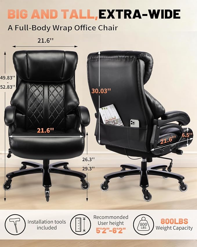 800lbs Executive Chairs, Executive Desk Chairs with Adjustable Lumbar Support, Office Chair for Heavy People, Heavy Duty Office Chair with Quiet Rubber Wheel and Extra Wide seat