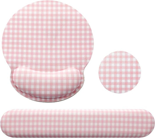 Tellegloww Wrist Rest Support for Mouse Pad&Keyboard Set, Pink Gingham Checkered Circle Curved Ergonomic Mousepad&Coaster Non-Slip Base Design for Office Home Laptop Desktop Computer Keyboard