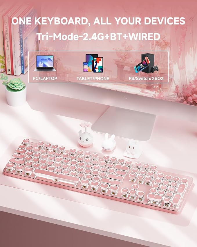 TK950 Typewriter Wireless Mechanical Keyboard, Aesthetic Tri-Mode Bluetooth/2.4G/Wired Retro Punk Typewriter Keyboard with White Backlit, Blue Switch, Round Keycaps for Laptop/Mac/iPad/Win, Pink