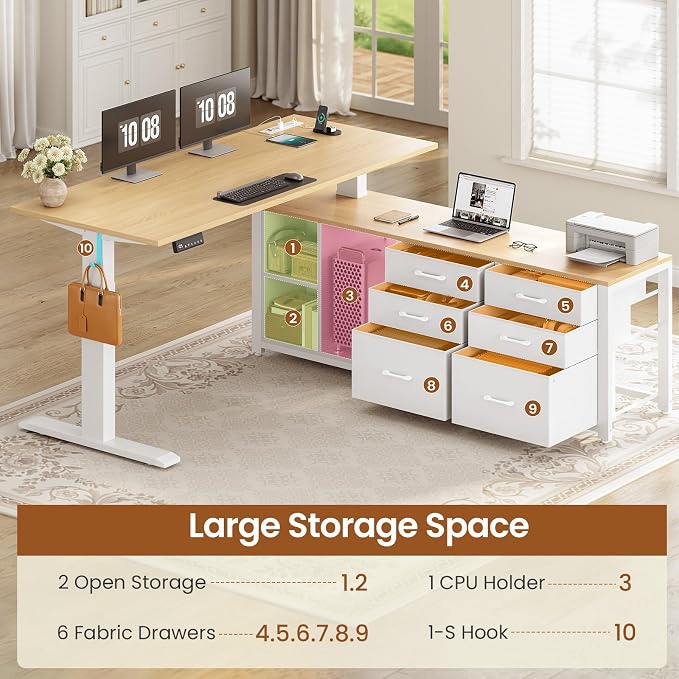 SEDETA L Shaped Electric Standing Desk, 55" x 55" Height Adjustable Office Executive Desk with 6 Fabric Drawers and Storage Shelves, Sit Stand Computer Desk with Power Outlet