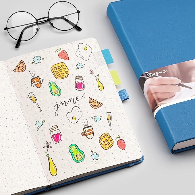EMSHOI Dotted Journal Notebook, 256 Pages, 120 GSM Thick Paper, A5 Small 5.75"x8.38", PU Leather Hardcover, 5mm Dot Grid Notebook for Journaling, Planning, Drawing, Writing, Light Blue