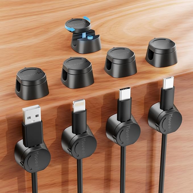 Cord Clips for Desk, Maveek 360° Rotating Charger Cord Organizer Magnetic Closure Desktop Cable Management, Cell Phone Cord Holder for Nightstand, Wall, Desk and Car (9-Pack, Black)