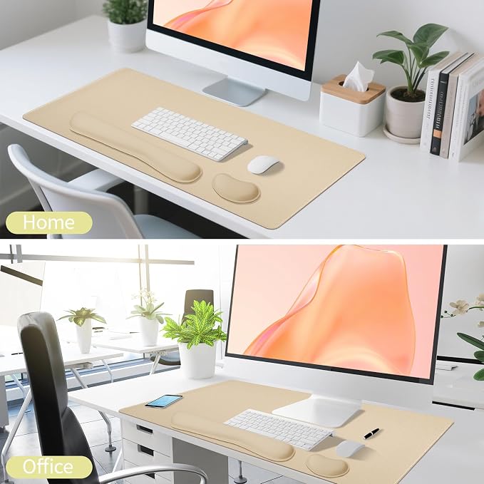 Beige Leather Desk Pad and Keyboard Wrist Rest, 27.6"x13.8" | 3in1 Mouse pad + Keyboard Wrist Rest + Mouse Wrist Rest, Non-Slip Waterproof Desk Writing Pad for Office and Home
