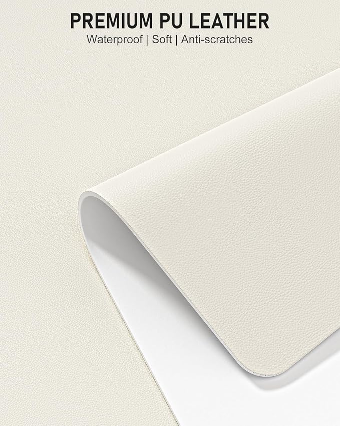Desk Pad, 35.5" x 17" PU Leather Non-Slip Desk Mat Large Mouse Pad for Desktop, Waterproof Laptop Computer Writing Mat for Office, Home, Work, Gaming, Ivory White