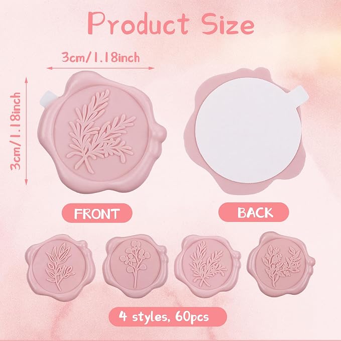 60Pcs Wax Seal Stickers, Wedding Invitation Envelope Seal Stickers Adhesive Backed Blush Pink for Wedding, Party,Valentine's Day,Mother's Day,Gift Wrapping (4 Leaf Styles)