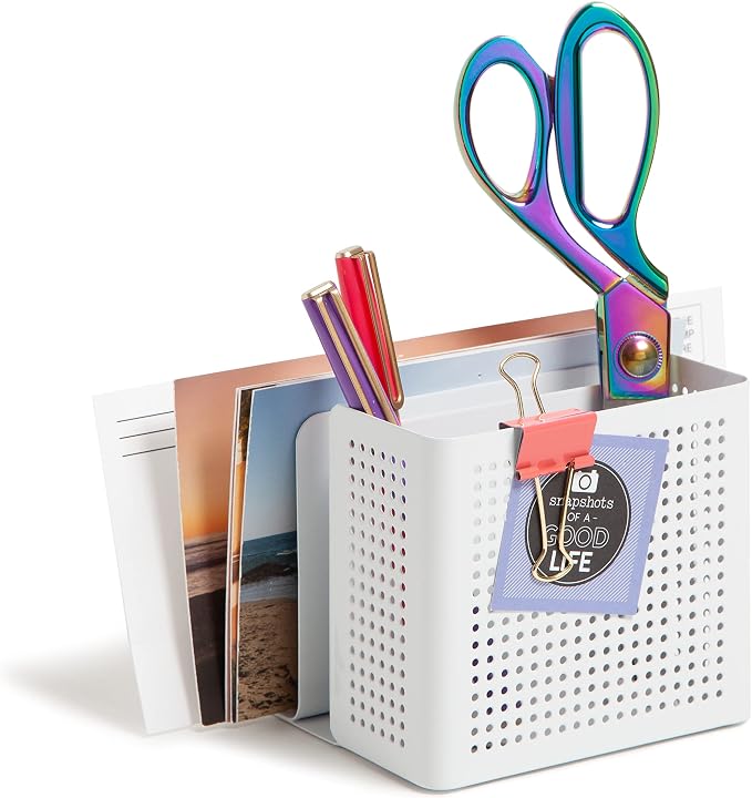 U Brands Modern Perforated Metal Sorter Cup, Desktop Organizer, White, 4.41 x 3.94 x 4.29 Inches