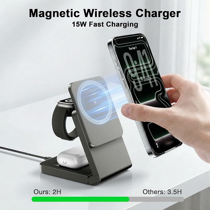 3 in 1 Wireless Charger Station for Multiple Devices, Foldable Magnetic Charging Stand, Portable Fast Travel Wireless Charger for iPhone17/16/15/14/13/12 Pro Max/ AirPods2/3/4 and IWatch Ultra Series