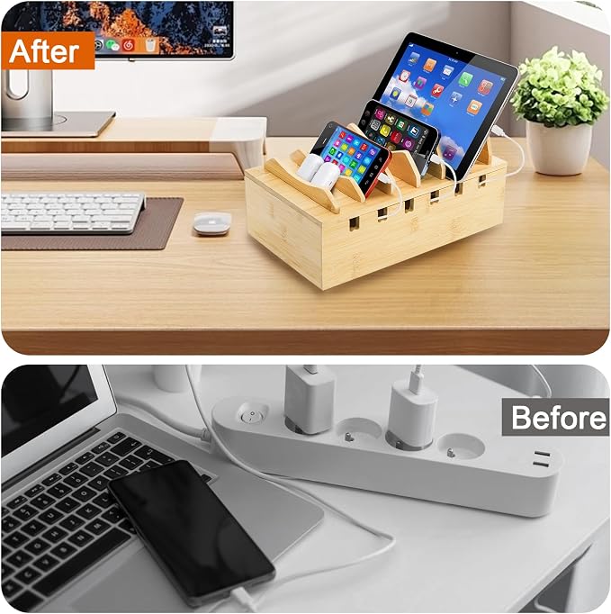 WRINGKIT Bamboo Charging Station for Multiple Devices, Hold 6 Devices | Desktop Charging Docking Stations Organizer with Removable Divider Slots, Compatible with Tablets, iPads, Cell Phone, Laptop